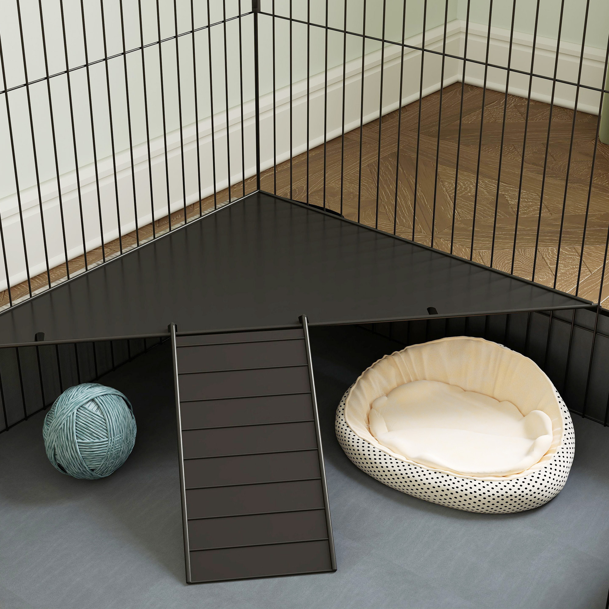 Cage pour cochon d'inde avec séparation 2 zones - plateforme observation, rampe, portes - acier noir PVC tissu gris