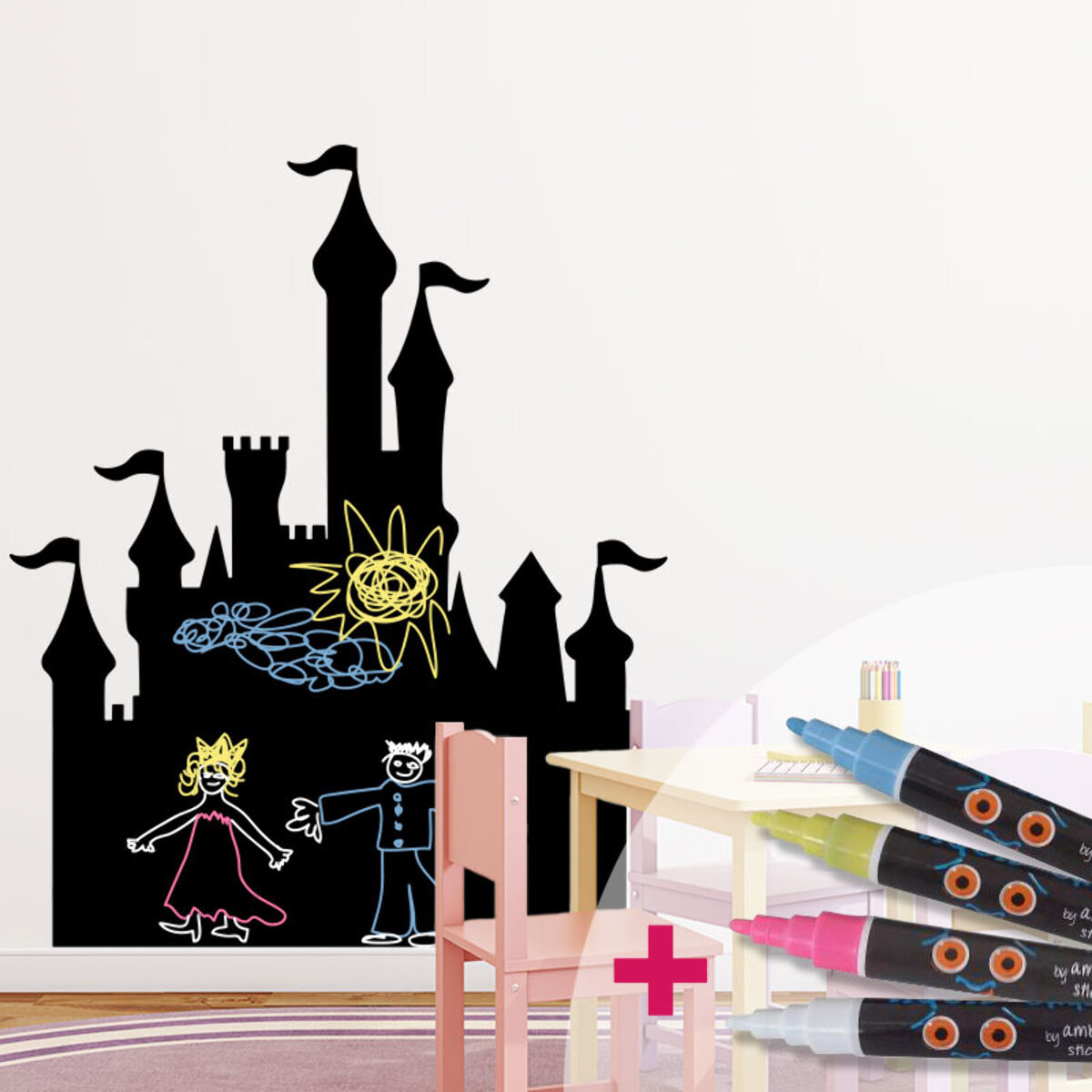 Sticker ardoise tableau noir - stickers muraux adhésif effaçable - CHÂTEAU DE PRINCESSE + 4 CRAIES LIQUIDES