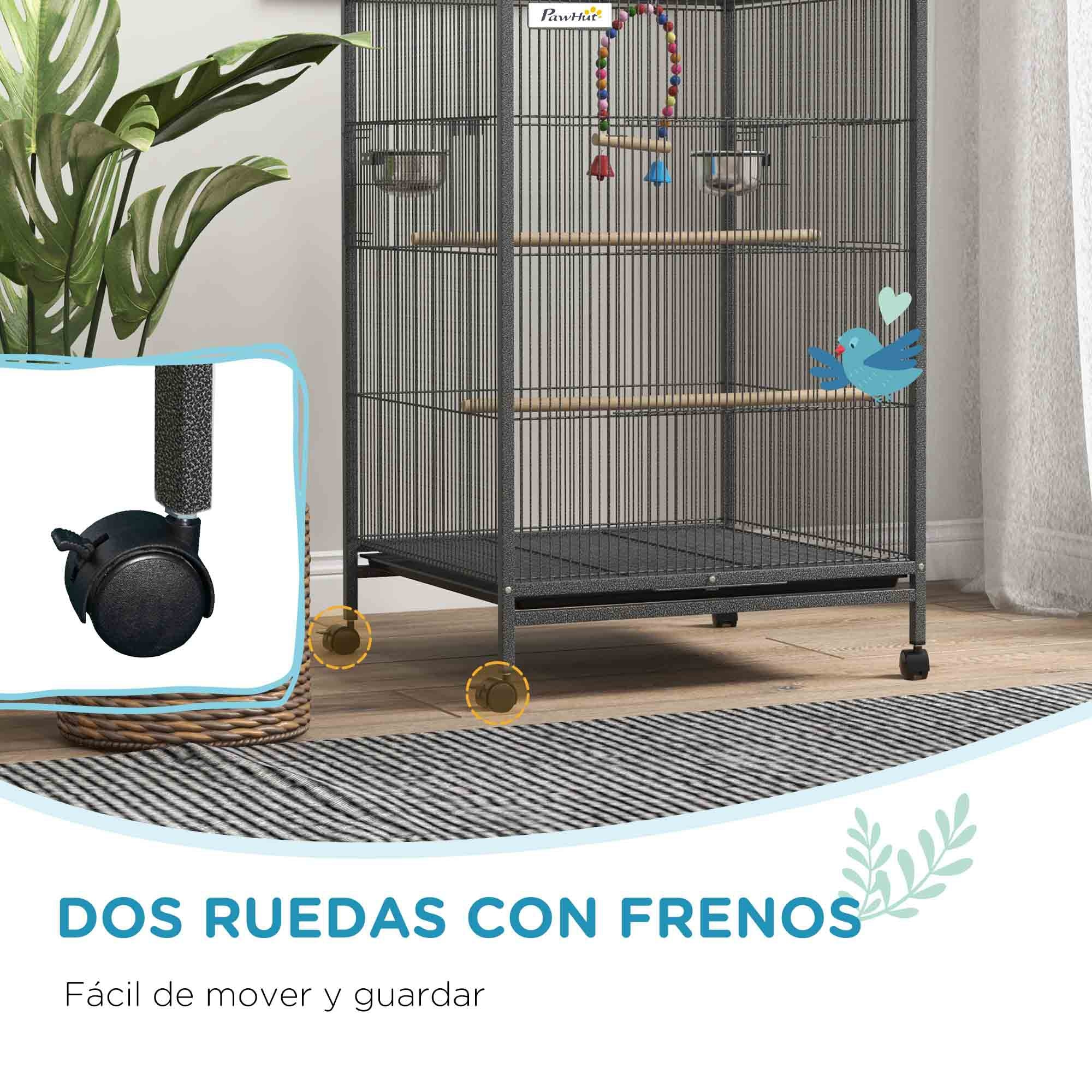 Jaula para Pájaros con Ruedas Pajarera de Acero con Comederos Perchas Columpio Estante Cuencos y Bandeja Extraíble Jaula Grande para Loros Canario Periquito 48x64x74 cm Gris
