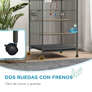 Jaula para Pájaros con Ruedas Pajarera de Acero con Comederos Perchas Columpio Estante Cuencos y Bandeja Extraíble Jaula Grande para Loros Canario Periquito 48x64x74 cm Gris