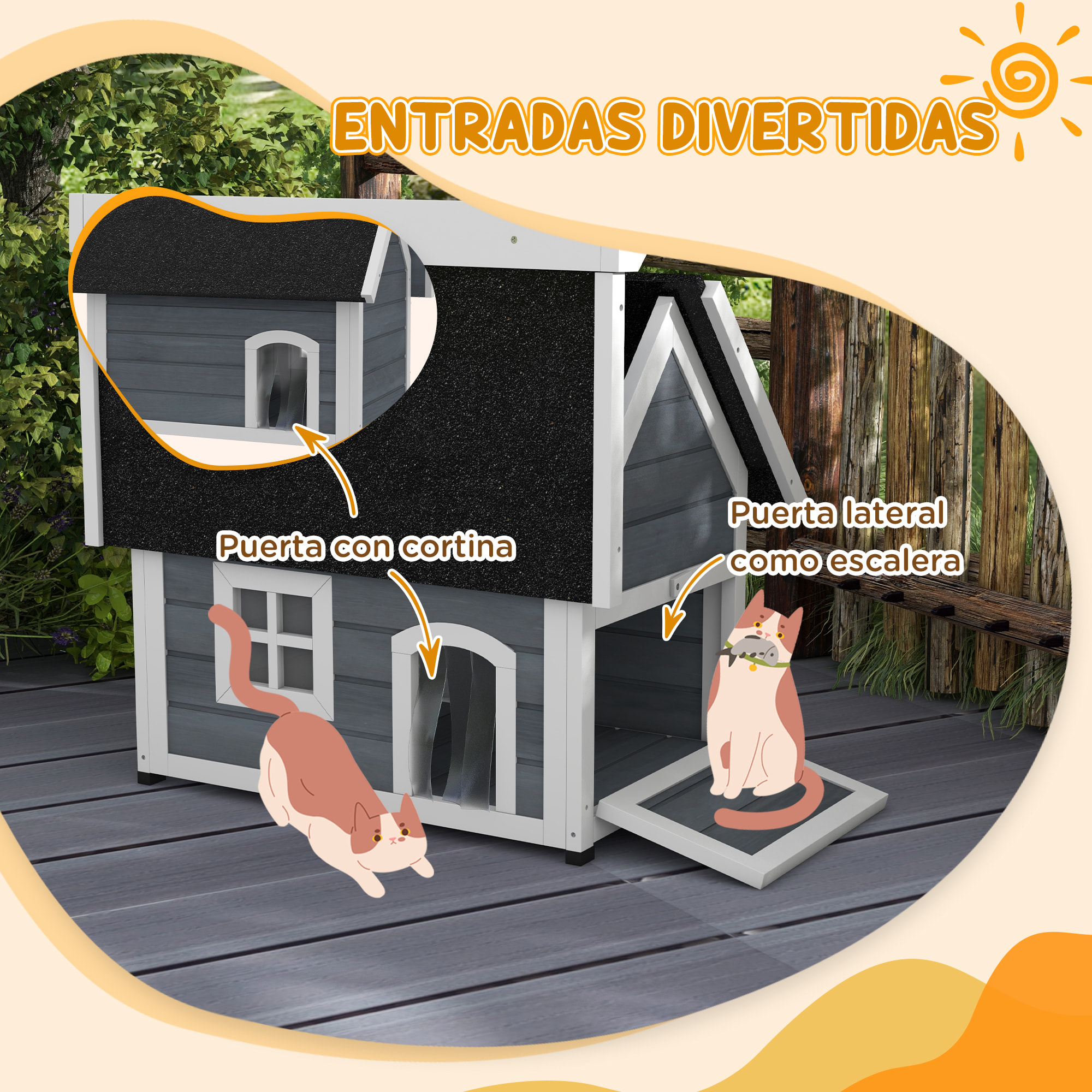 PawHut Casa para Gatos de Madera Caseta para Gatos con Techo Asfáltico Abatible Ventana y Puertas con Cortina Refugio para Mascotas para Exterior 77x57,5x68 cm Gris y Negro