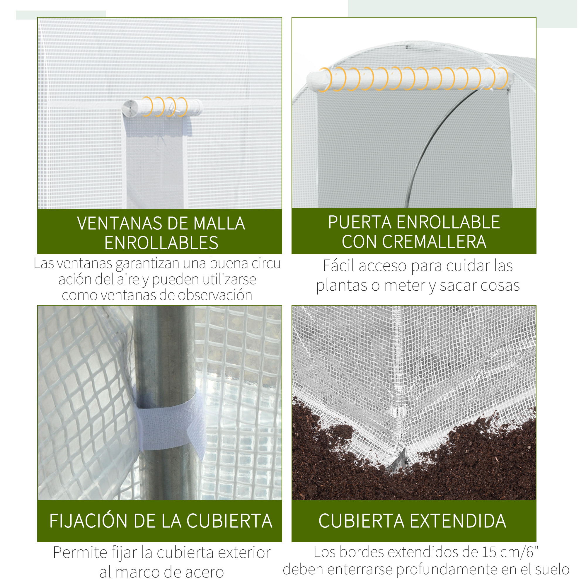 Invernadero de Túnel 450x200x200 cm Invernadero de Jardín con Puerta Enrollable y 6 Ventanas Cubierta PE 140 g/m² Anti-UV Marco de Metal para Cultivo Plantas Verduras Blanco