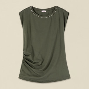 Oltre - Top in jersey con ricamo gioiello - Verde militare