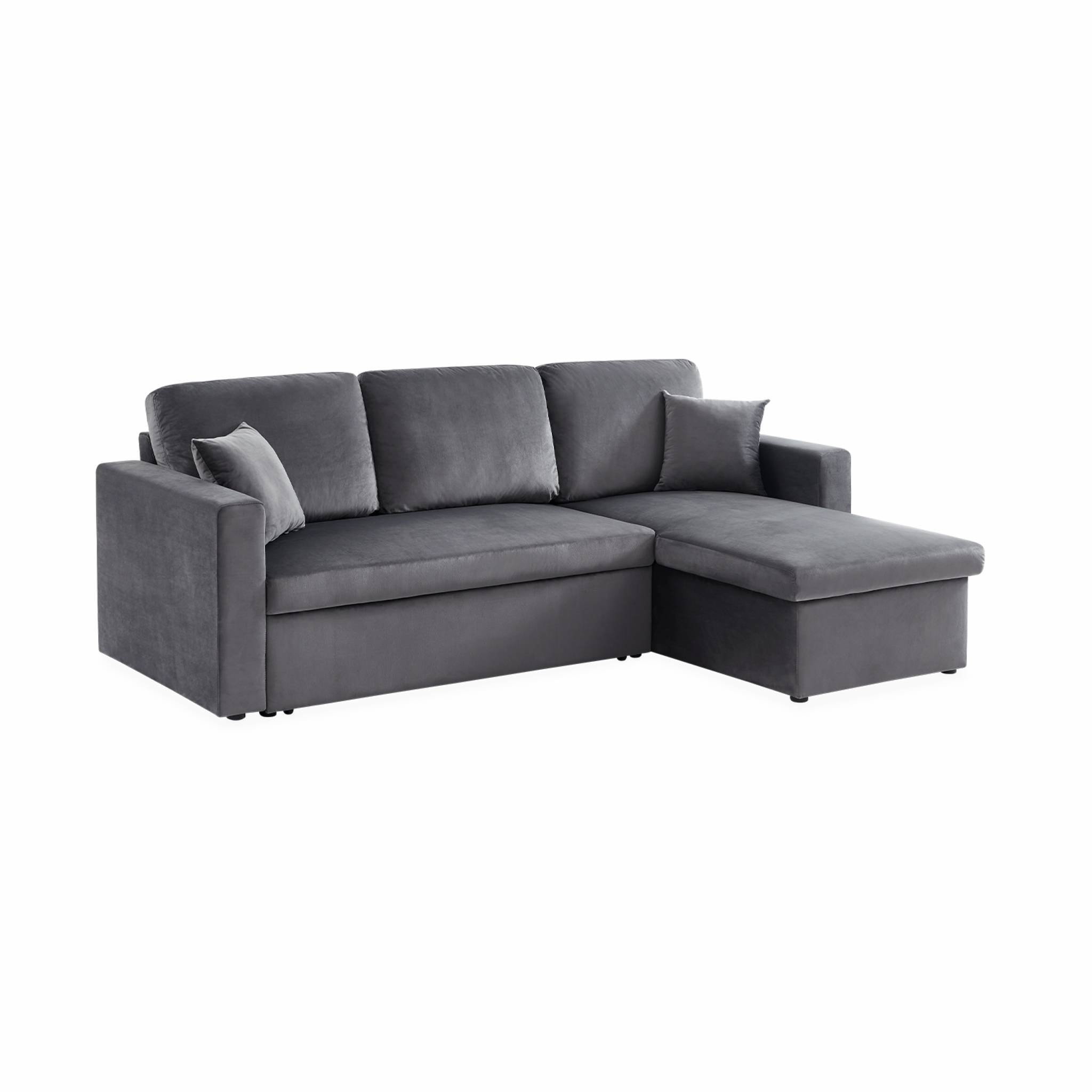 Canapé d'angle convertible en velours gris foncé 3 places. fauteuil d'angle réversible coffre rangement lit modulable