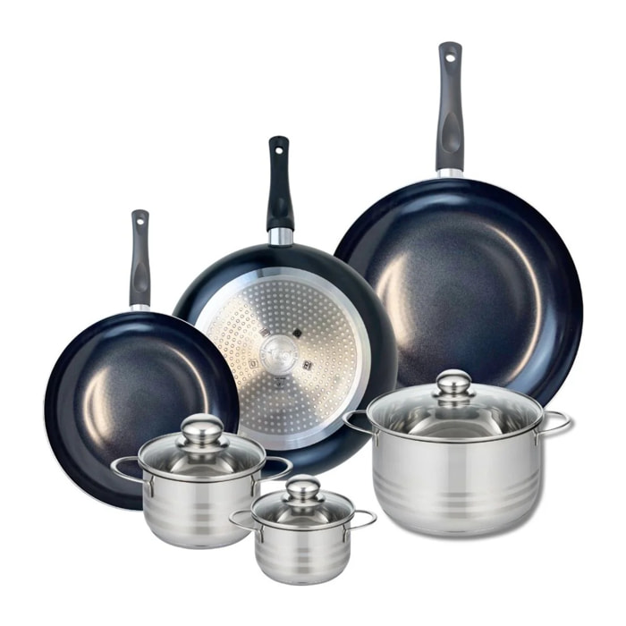 Ensemble de 3 Poêles de cuisson 24, 28 et 32 cm et 3 faitouts 12, 14 et 20 cm Elo Prima Brillant