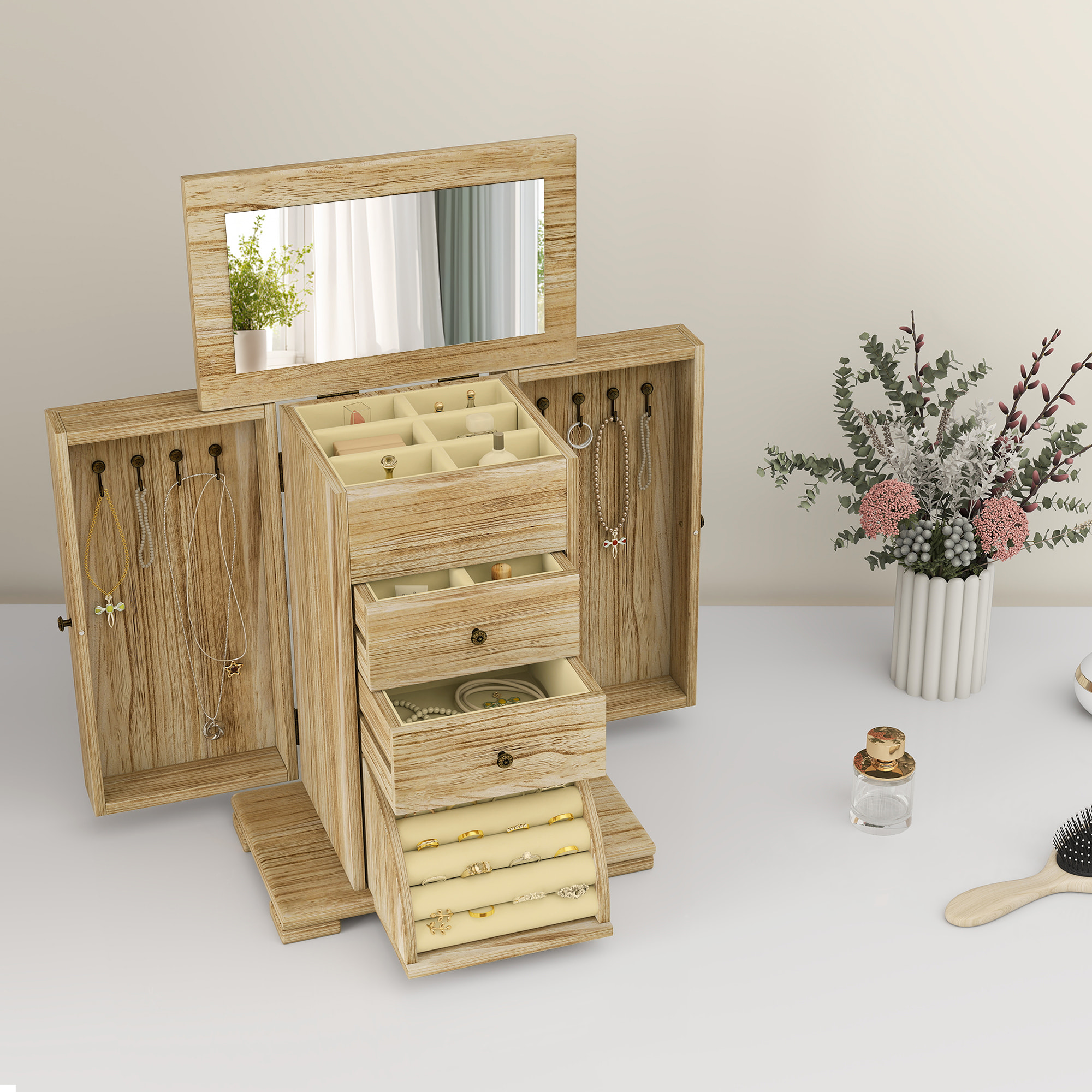 Caja Joyero de Madera de 4 Niveles Joyero Mujer Organizador Grande con 2 Cajones Espejo para Pendientes Anillos Collares Natural