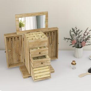 Caja Joyero de Madera de 4 Niveles Joyero Mujer Organizador Grande con 2 Cajones Espejo para Pendientes Anillos Collares Natural