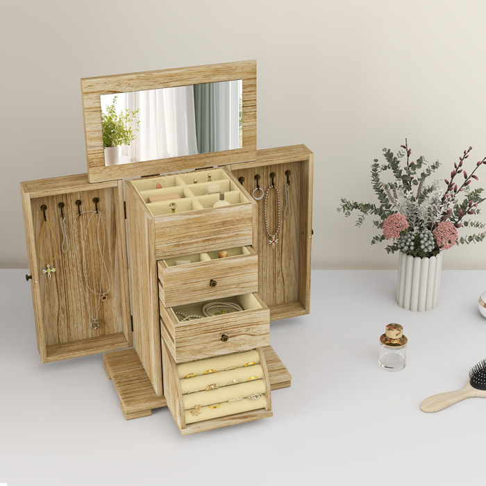 Caja Joyero de Madera de 4 Niveles Joyero Mujer Organizador Grande con 2 Cajones Espejo para Pendientes Anillos Collares Natural