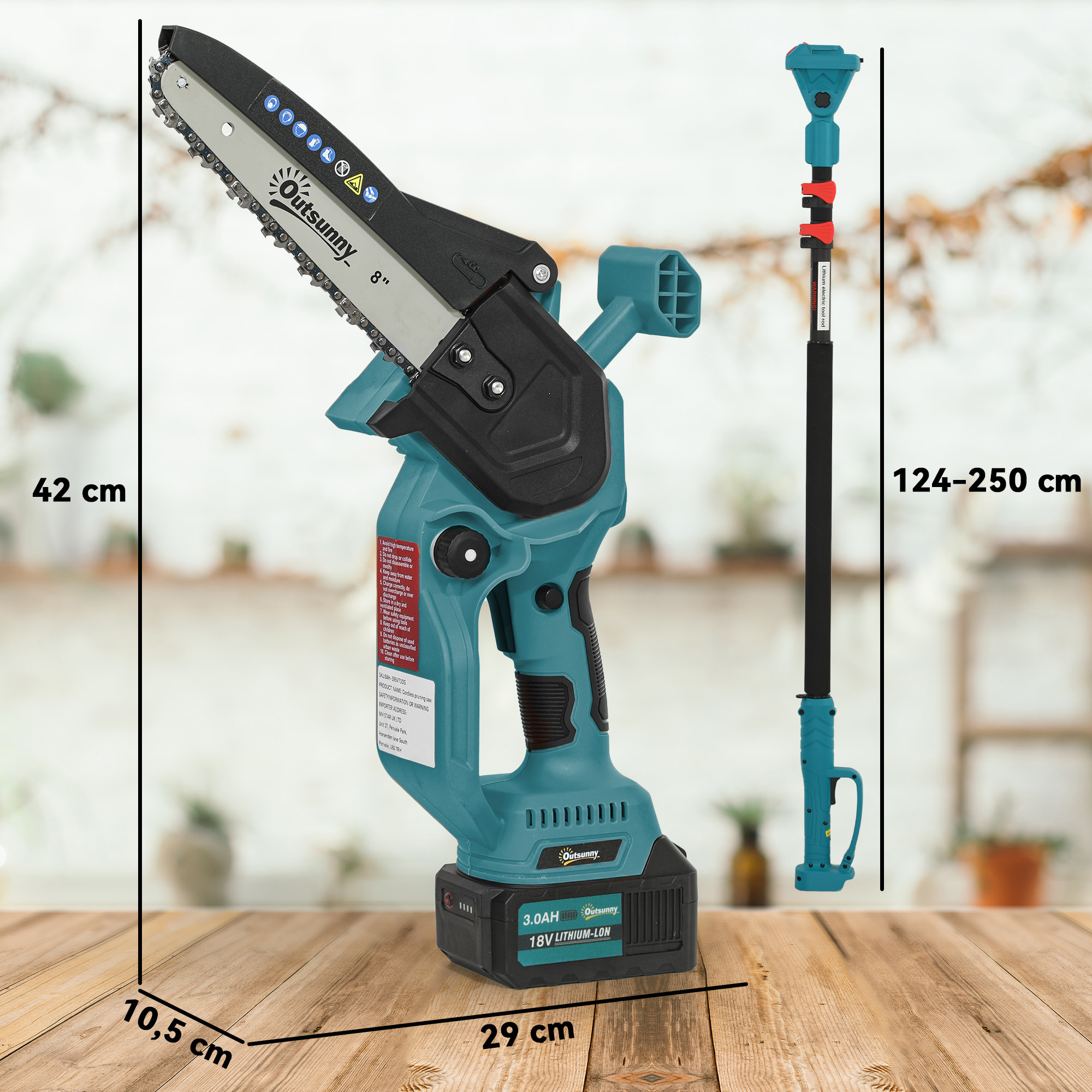 Mini Motosierra Bateria 6000mAh 8 Pulgadas Motosierra Eléctrica con 580W Motor sin Escobillas 2 Baterías Palo Telescópico y Doble Bloqueo para Podar Árboles de Jardinería y Madera