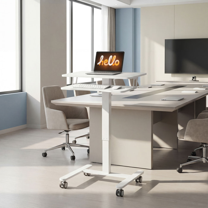 Bureau assis-debout mobile réglable table de lit 2 en 1 acier MDF blanc