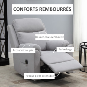 Fauteuil de relaxation électrique - fauteuil releveur inclinable avec repose-pied ajustable et télécommande - tissu aspect lin gris clair