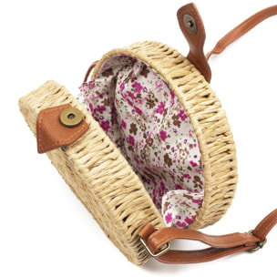 IRIA QUINTANA Borsa a tracolla da donna Cuneo. Tessuto Paglia Pelle Sintetica PU 18x4x18 Cm. Beige