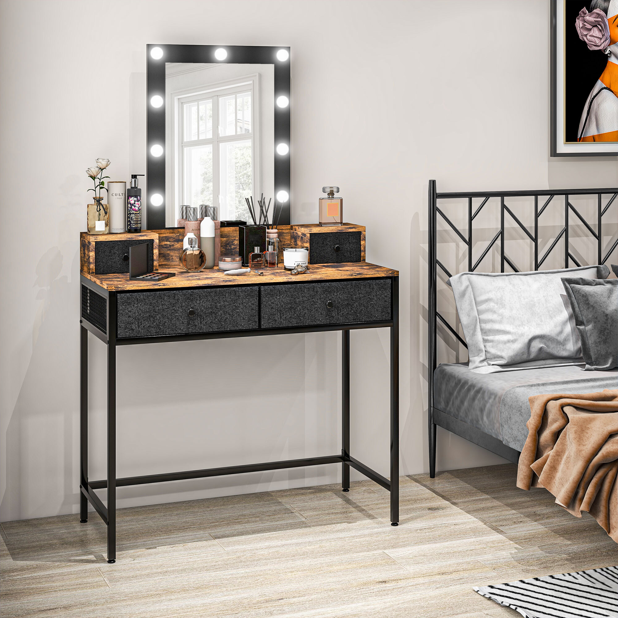 Coiffeuse style industriel - miroir LED réglable - 4 tiroirs tissu - acier noir aspect bois vieilli