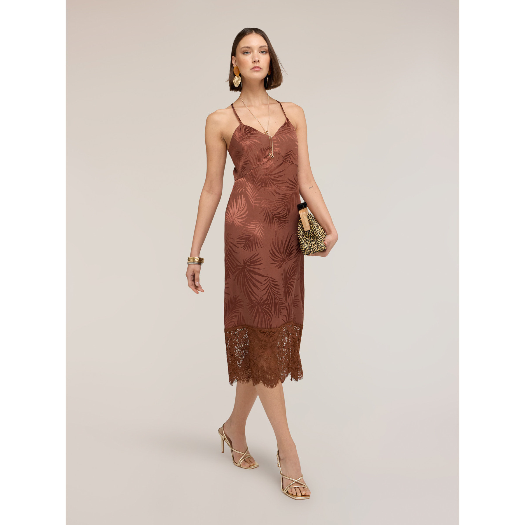 Motivi - Vestito tubino in raso jacquard con pizzo - Marrone