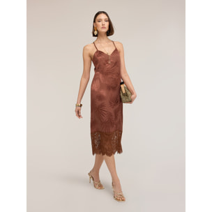 Motivi - Vestito tubino in raso jacquard con pizzo - Marrone