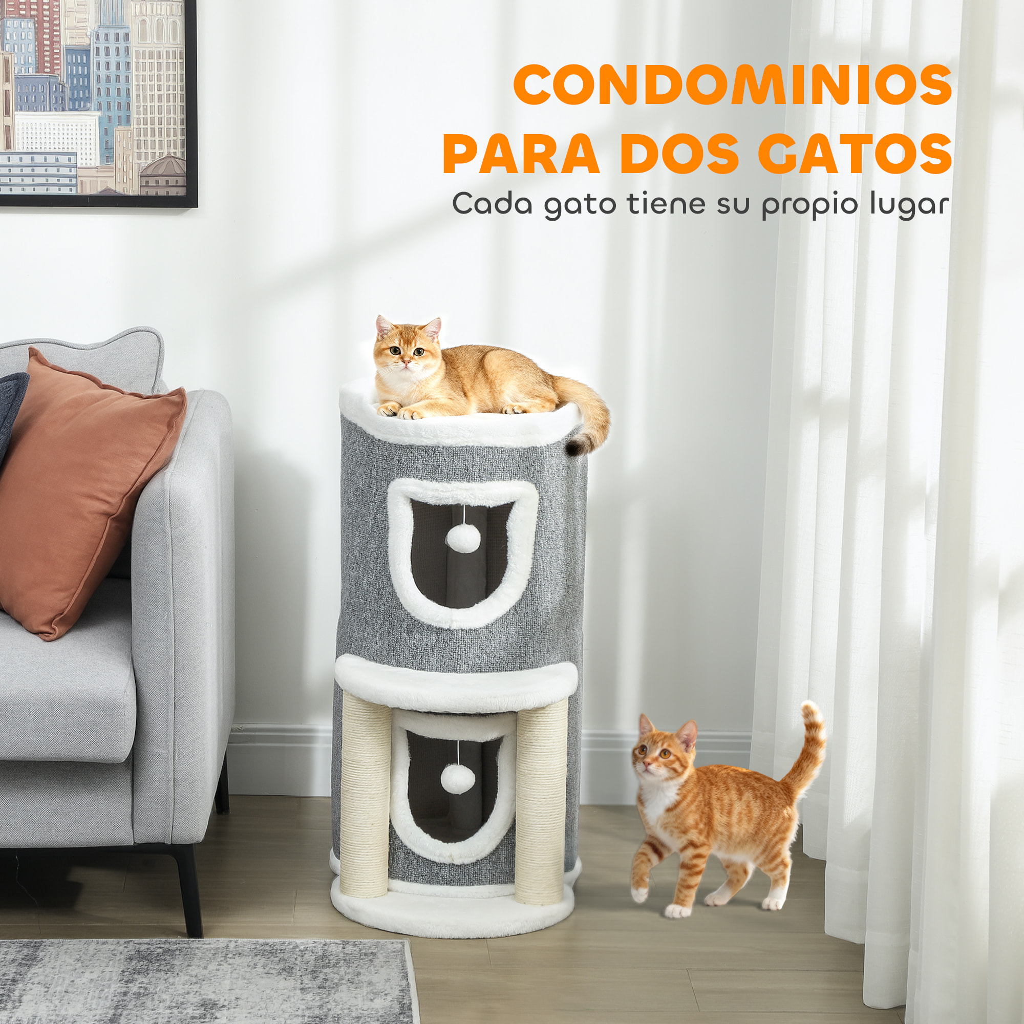 Árbol Rascador para Gatos, Árbol para Gatos 76 cm, Torre Escalador con Cama, 2 Cuevas, Postes de Sisal, Alfombra de Rascado, Bolas para Jugar, Gris