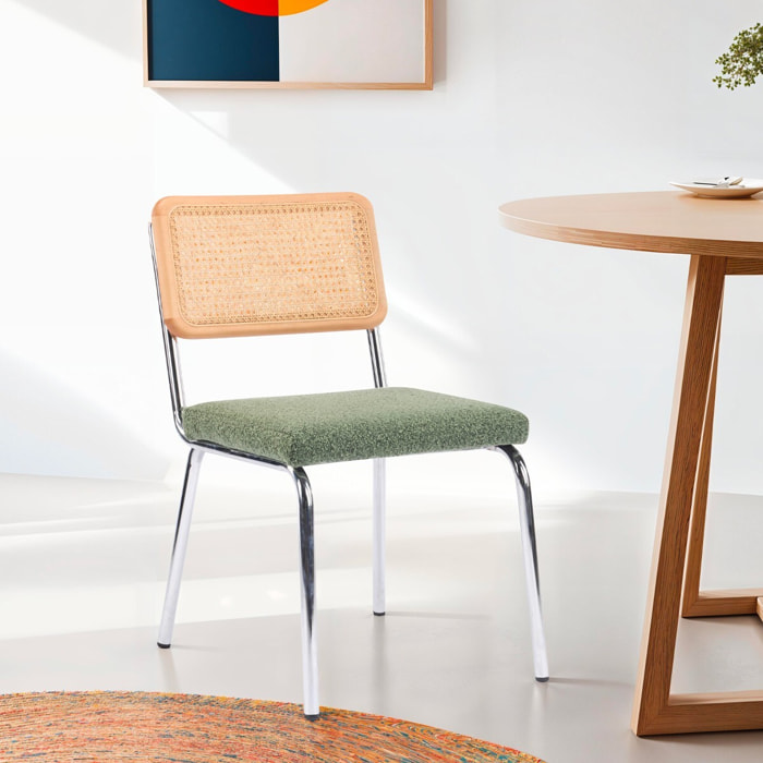 Lot de 2 chaises chromées, cannage et tissu bouclé - PAULA