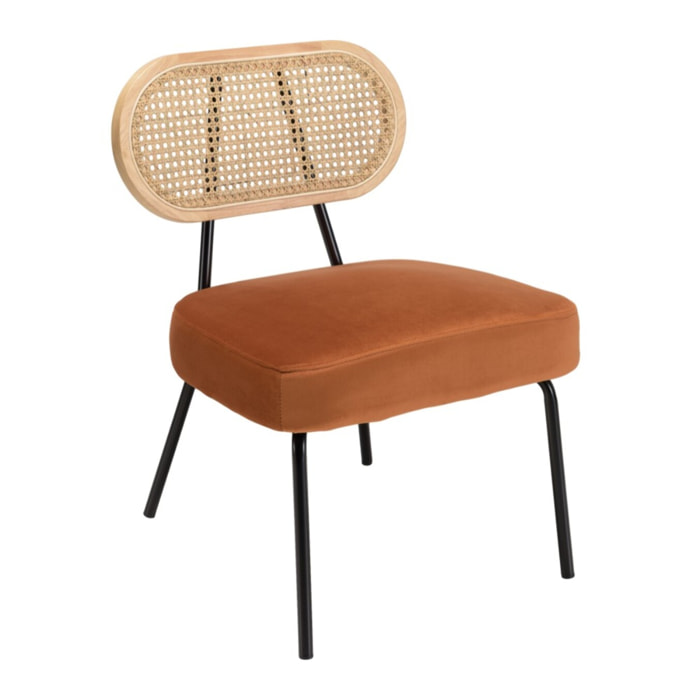 AGATHE - Fauteuil métal noir assise velours orange ambré dossier rotin