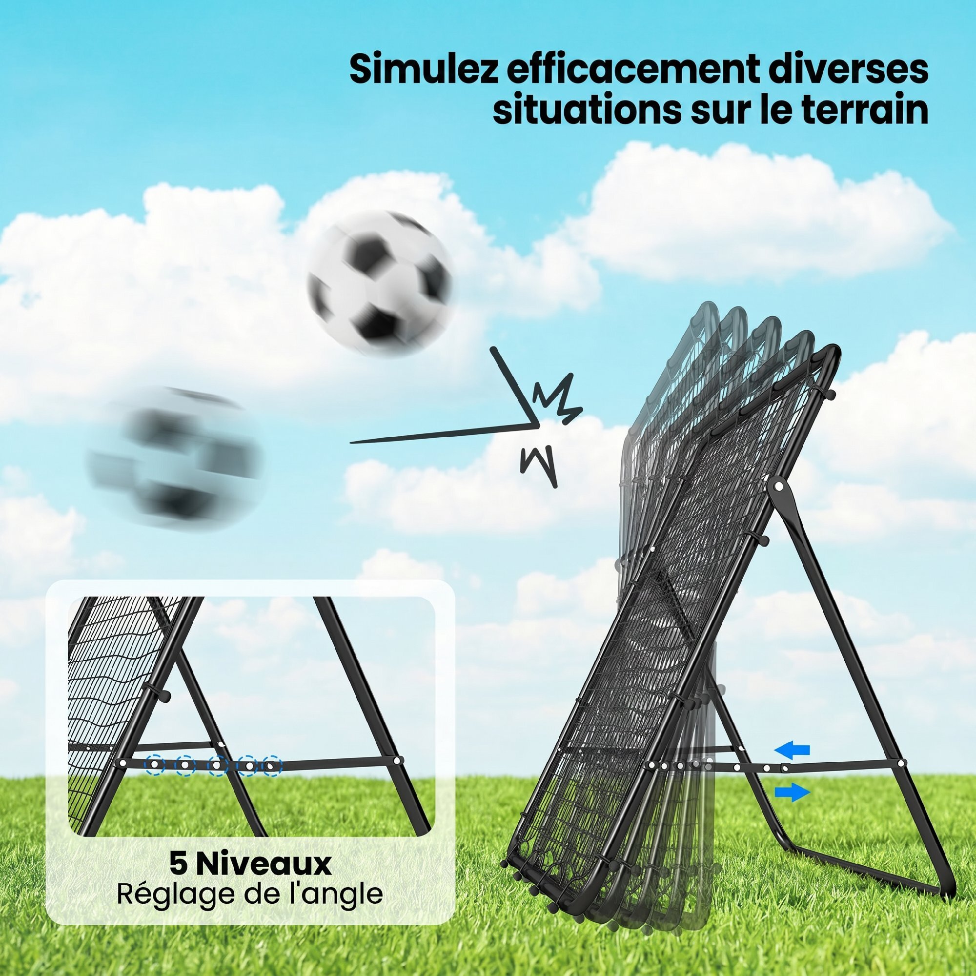 Filet de rebond football pliable réglable 5 angles - acier - 120x73x112cm - noir