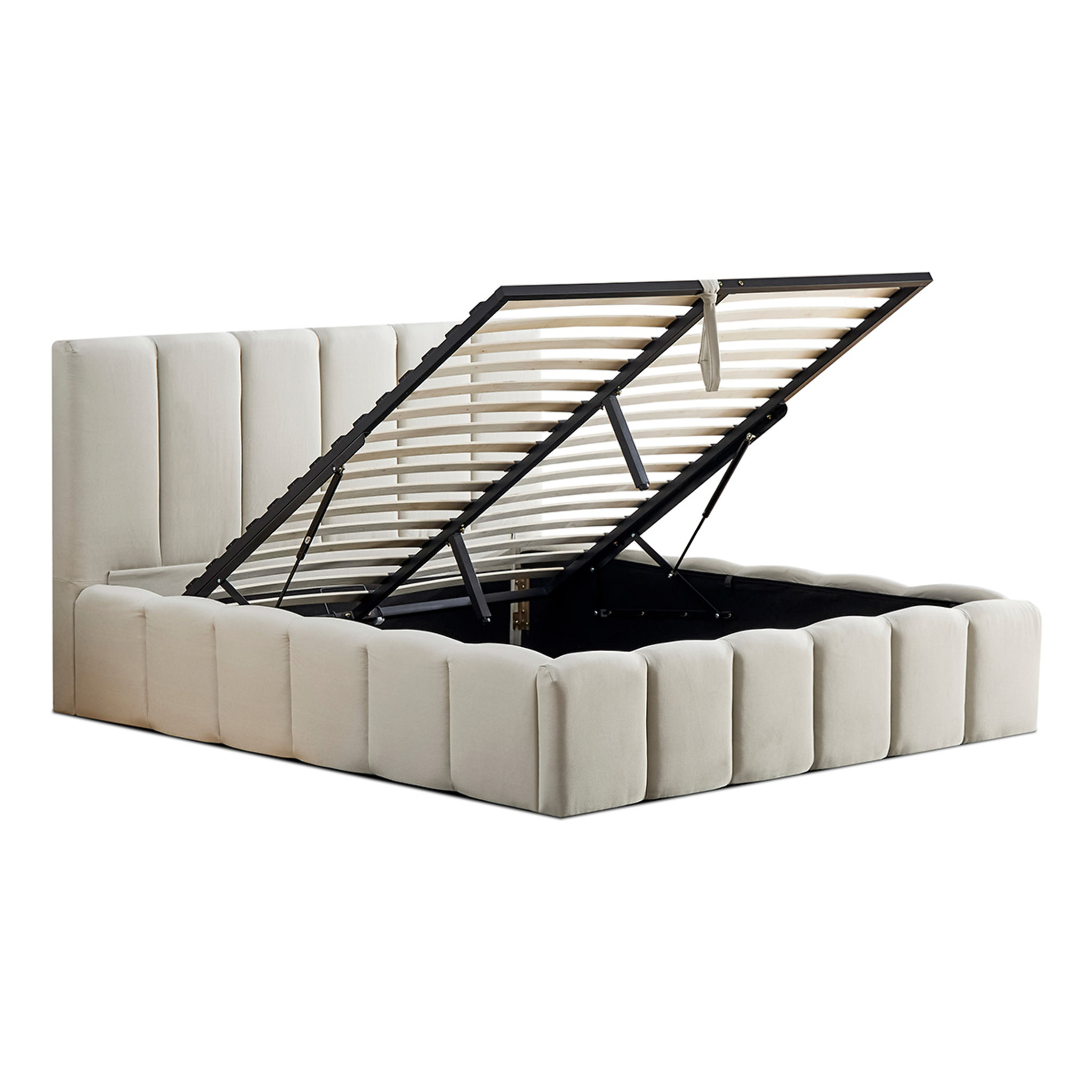 Lit Coffre Madeleine en tissu Beige, Grand espace de Rangement, Tête de lit rembourrée, Lattes actives, Vérins Hydrauliques, Design Élégant