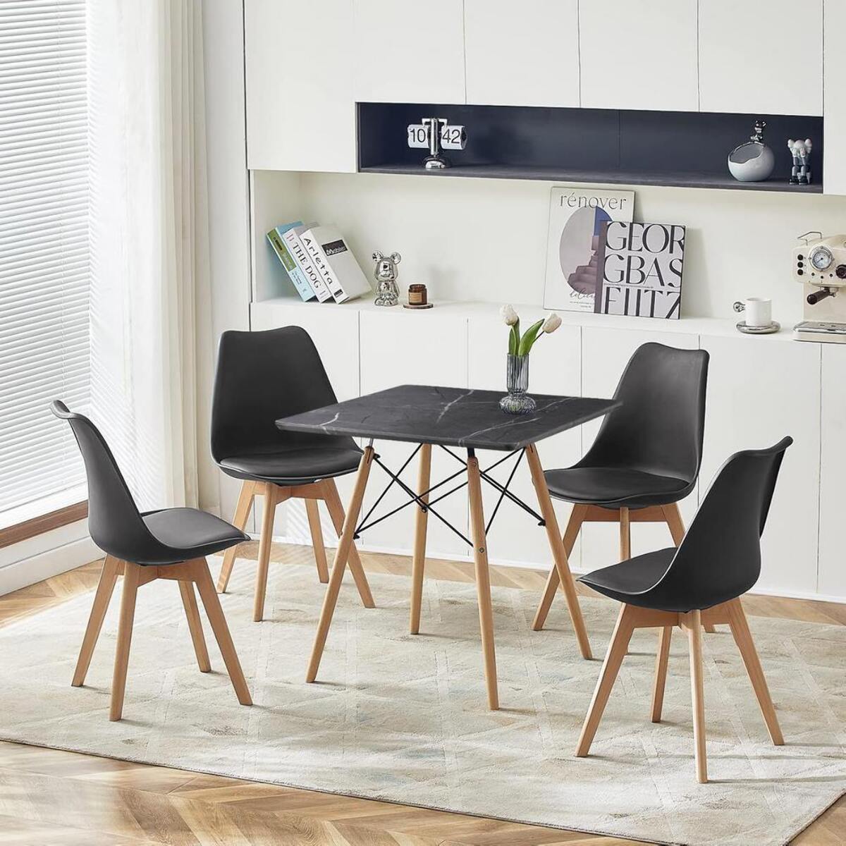 Tavolo da pranzo quadrato top effetto marmo grigio scuro 70x70x74 cm - Ester