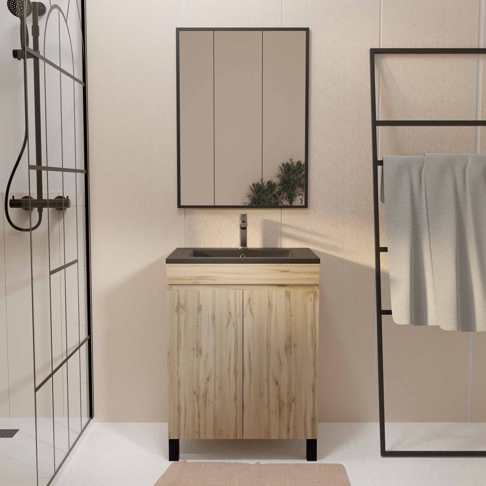 Meuble salle de bains 60cm décor chene naturel 2 portes - Vasque noire et Miroir - TIMBER