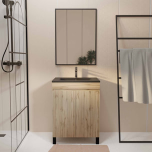 Meuble salle de bains 60cm décor chene naturel 2 portes - Vasque noire et Miroir - TIMBER