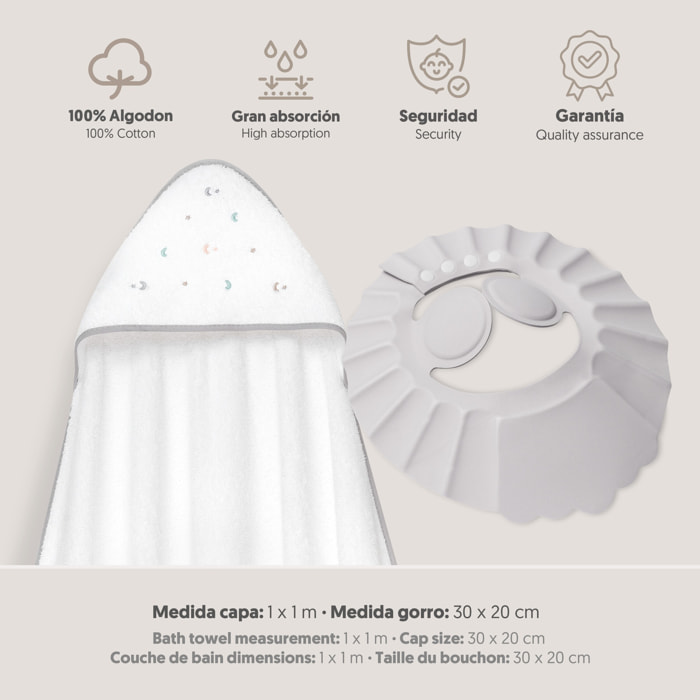 Capa Baño 1X1 Mod Estrella Luna Multicolor+Gorro Bco/Gris