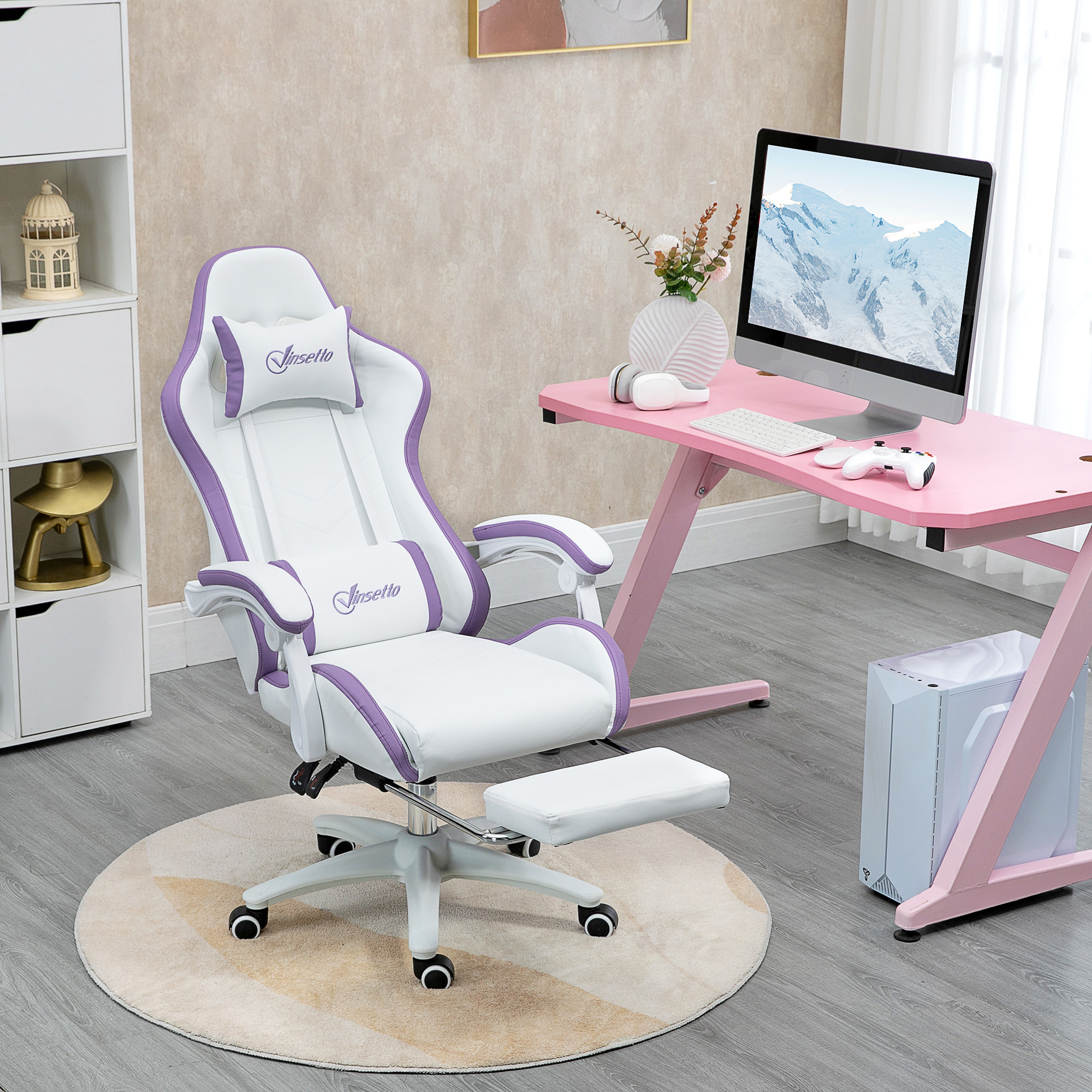 Chaise de bureau gaming - inclinable, pivotant, réglable - coussins lombaires têtière inclus - mauve blanc