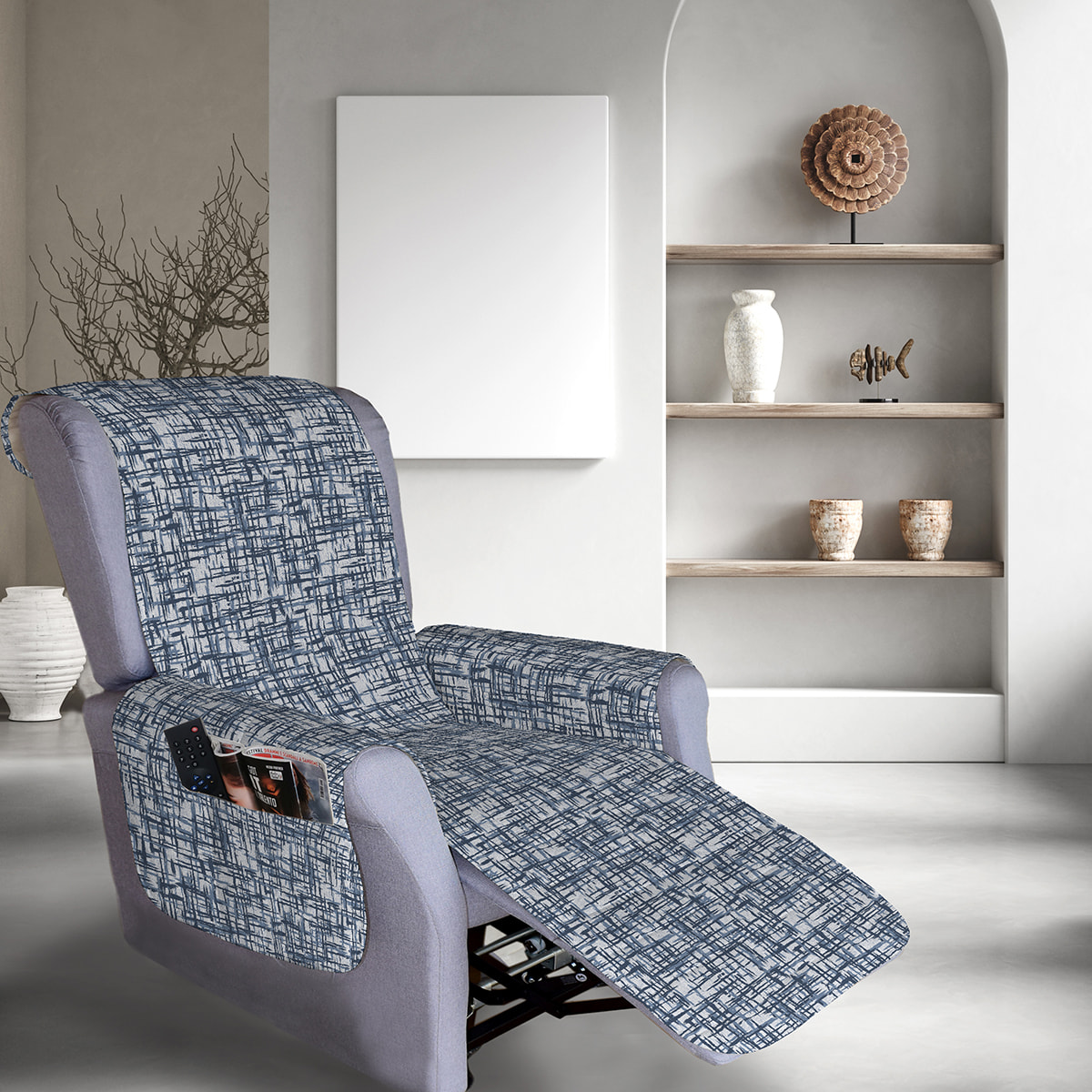 Copripoltrona trapuntato per poltrona relax reticolo blu