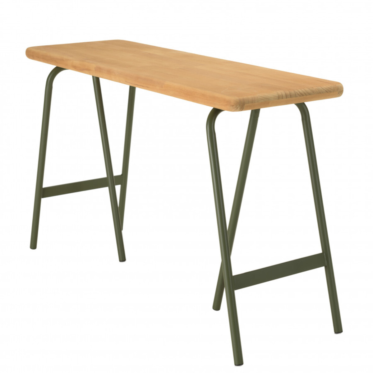 HABY - Console plateau en pin et pieds tréteaux en métal vert