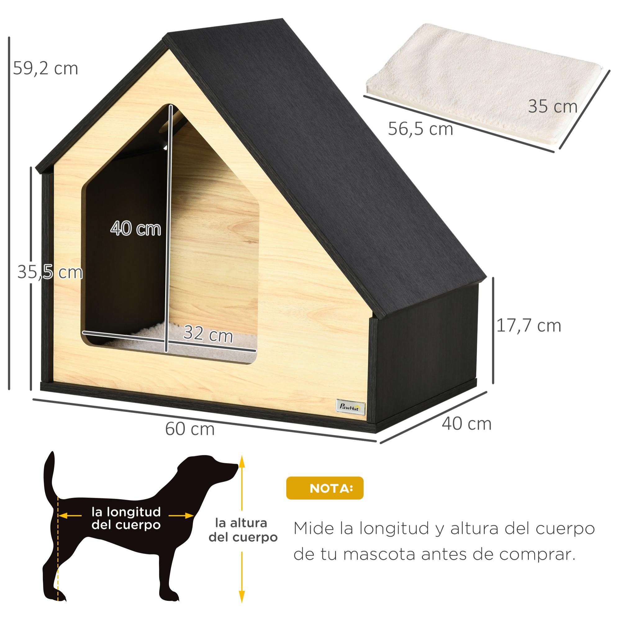 Caseta de Madera de Perros Interior con Cojín Suave 3 Ventilaciones 60x40x59,2cm