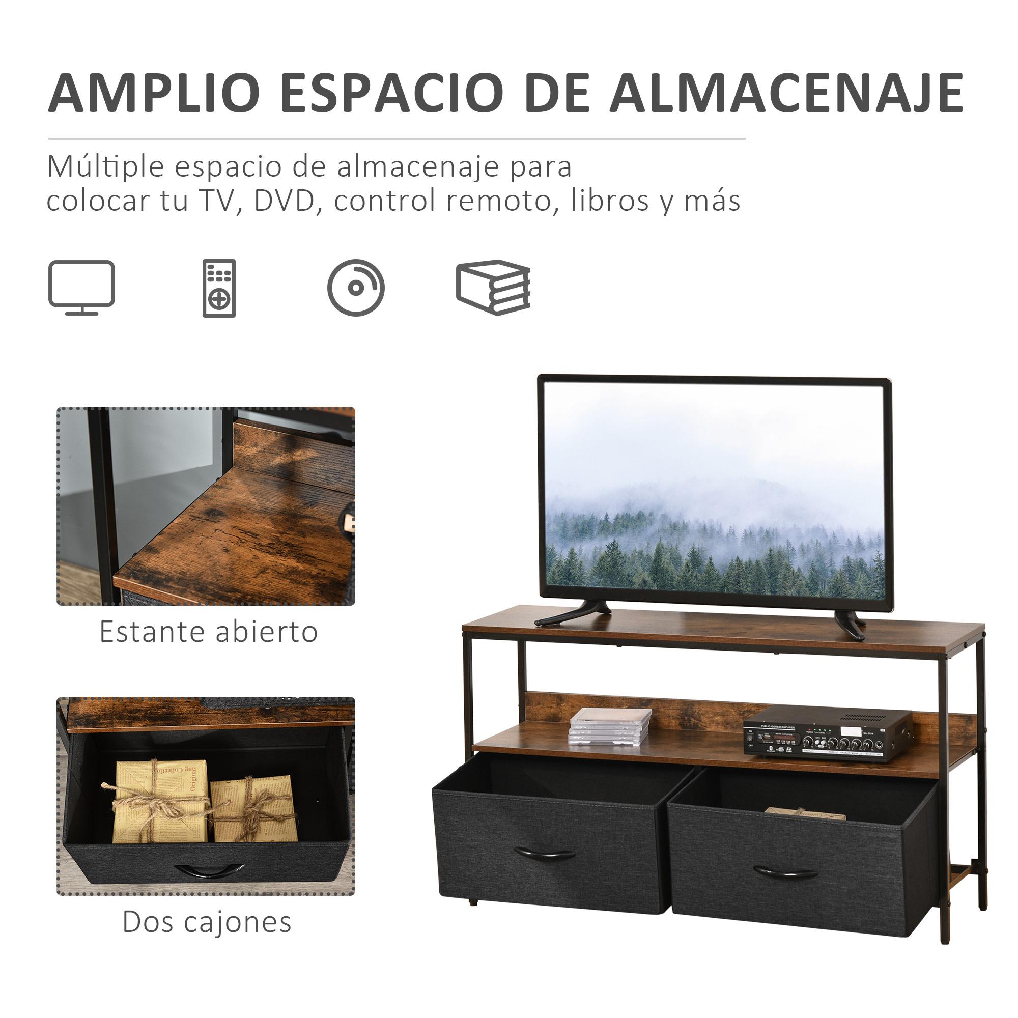 HOMCOM Mueble de TV de hasta 47'' Mesa de TV Estilo Industrial con Estante y 2 Cajones de Tela Plegables para Salón Dormitorio 98x29x56 cm Marrón Rústico y Negro