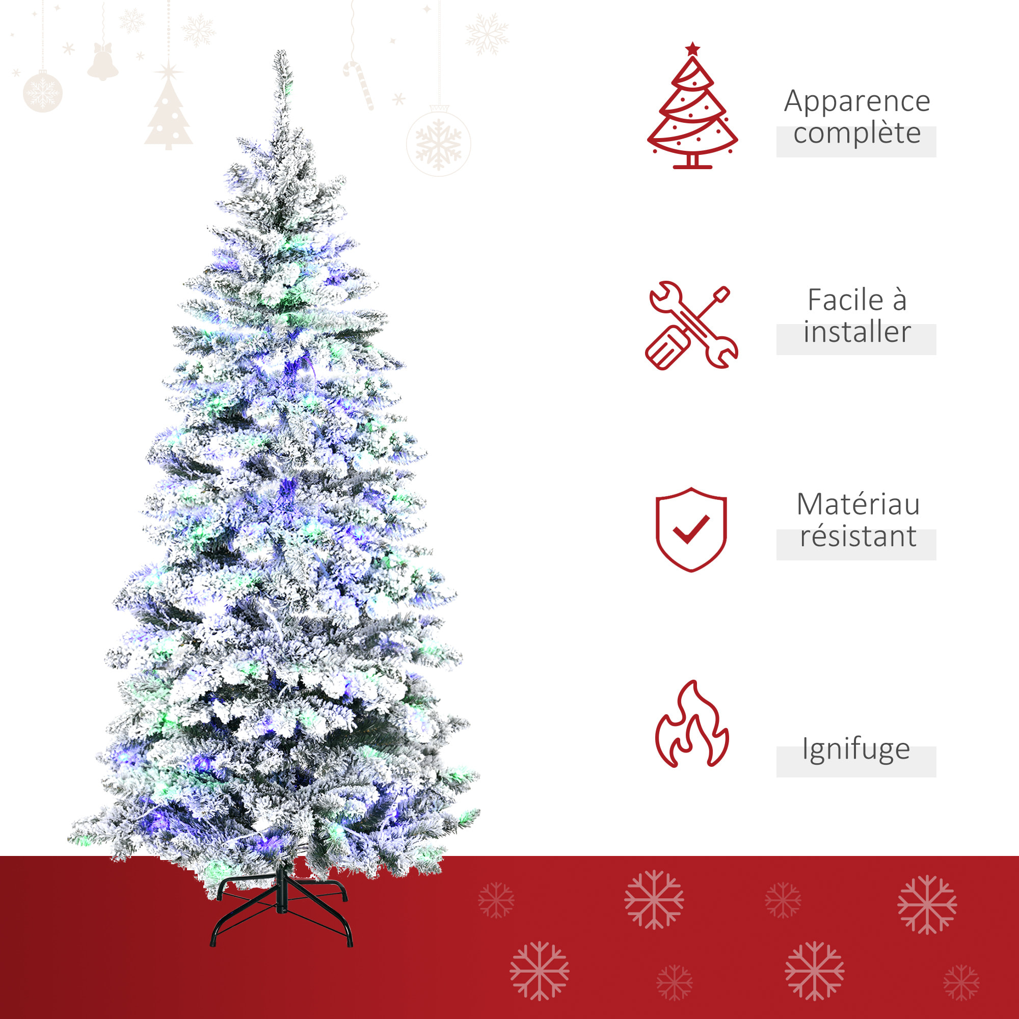Sapin de Noël artificiel enneigé lumineux LED x 250 multicolore Ø 112 x 210H cm 829 branches vert blanc