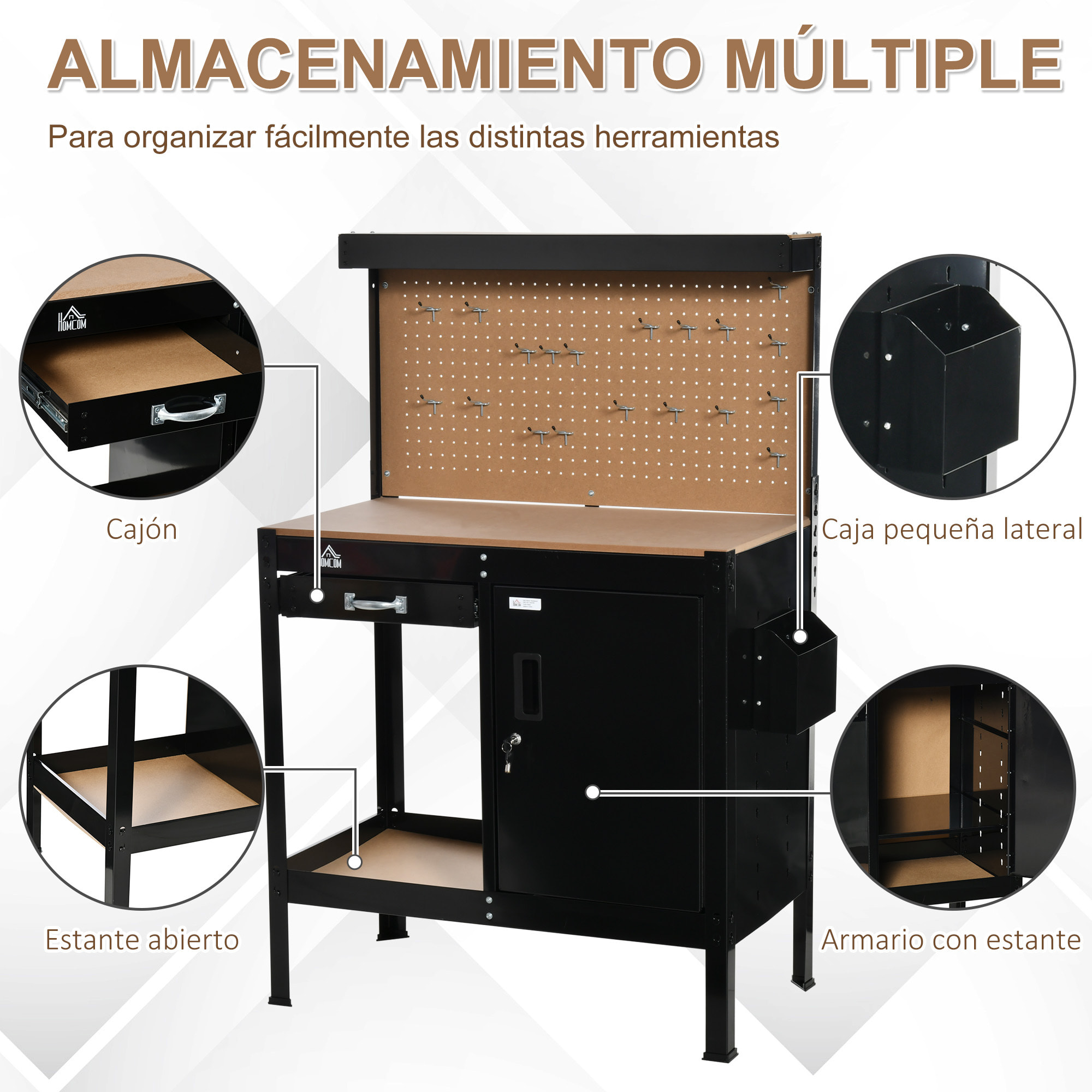 Banco de Trabajo 98,5x48x140 cm Carga 100 kg Mesa de Banco con Panel Perforado Cajón Estante y Armario con Cerradura Negro