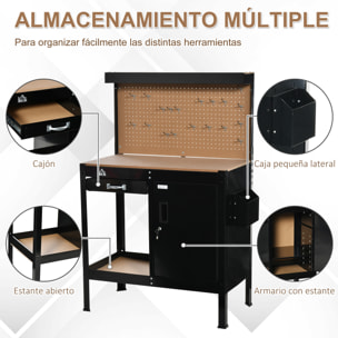 Banco de Trabajo 98,5x48x140 cm Carga 100 kg Mesa de Banco con Panel Perforado Cajón Estante y Armario con Cerradura Negro