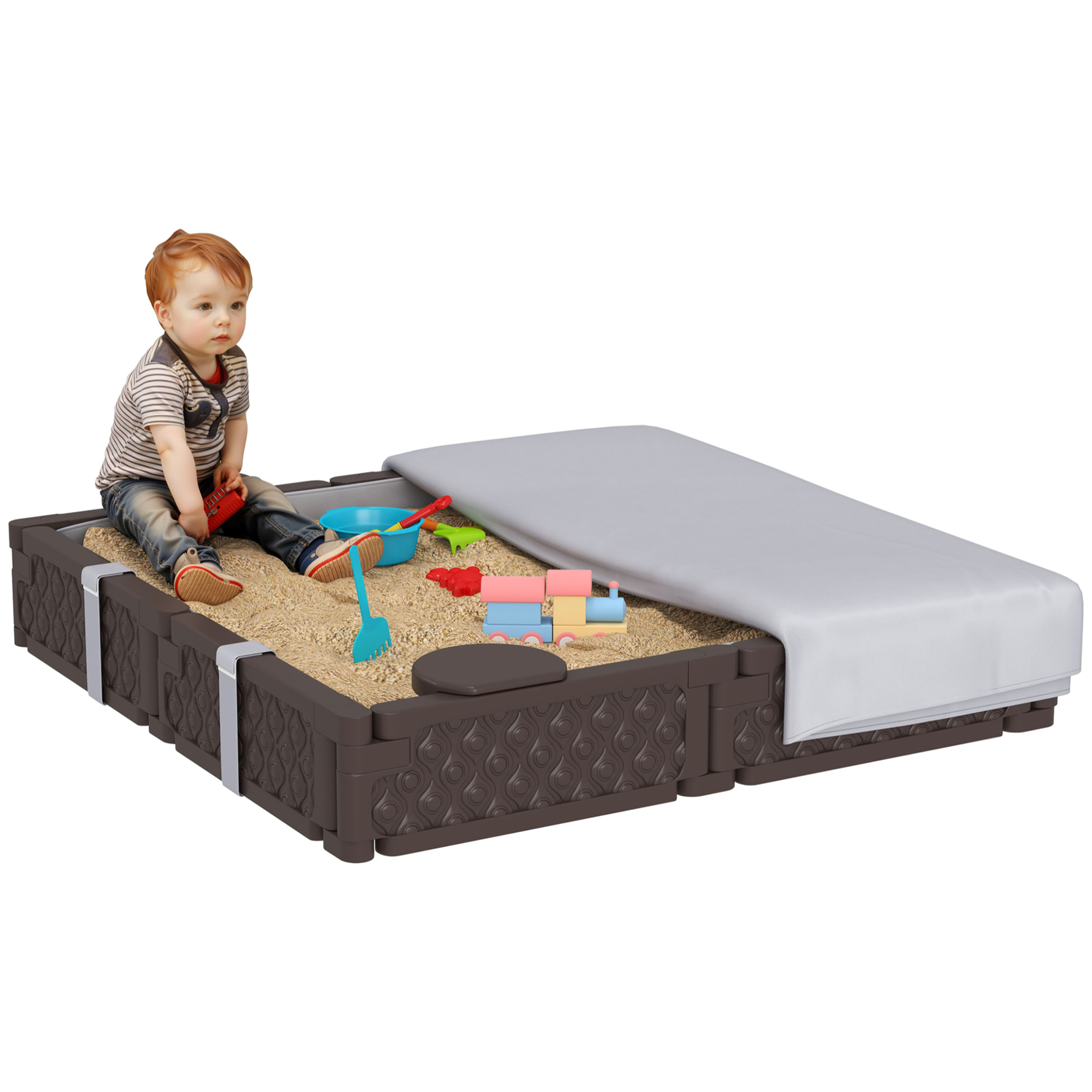 Arenero para Niños de 18-60 Meses Arenero Infantil Cuadrada con Cubierta y Asientos Arenero para Exterior 119x119x22 cm Marrón