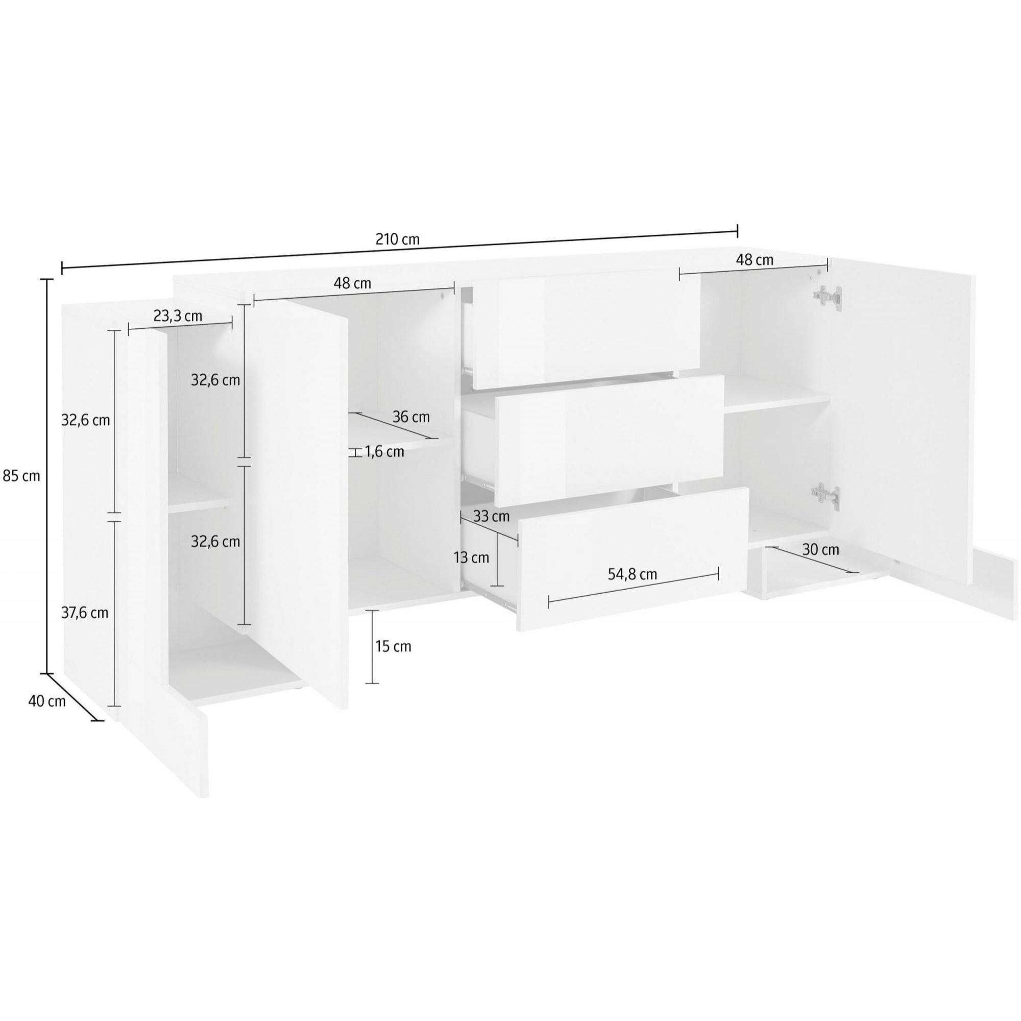 Credenza moderna a 2 ante e 3 cassetti, Made in Italy, Madia da cucina, Buffet di design da soggiorno, cm 210x45h85, colore Bianco lucido e Acero