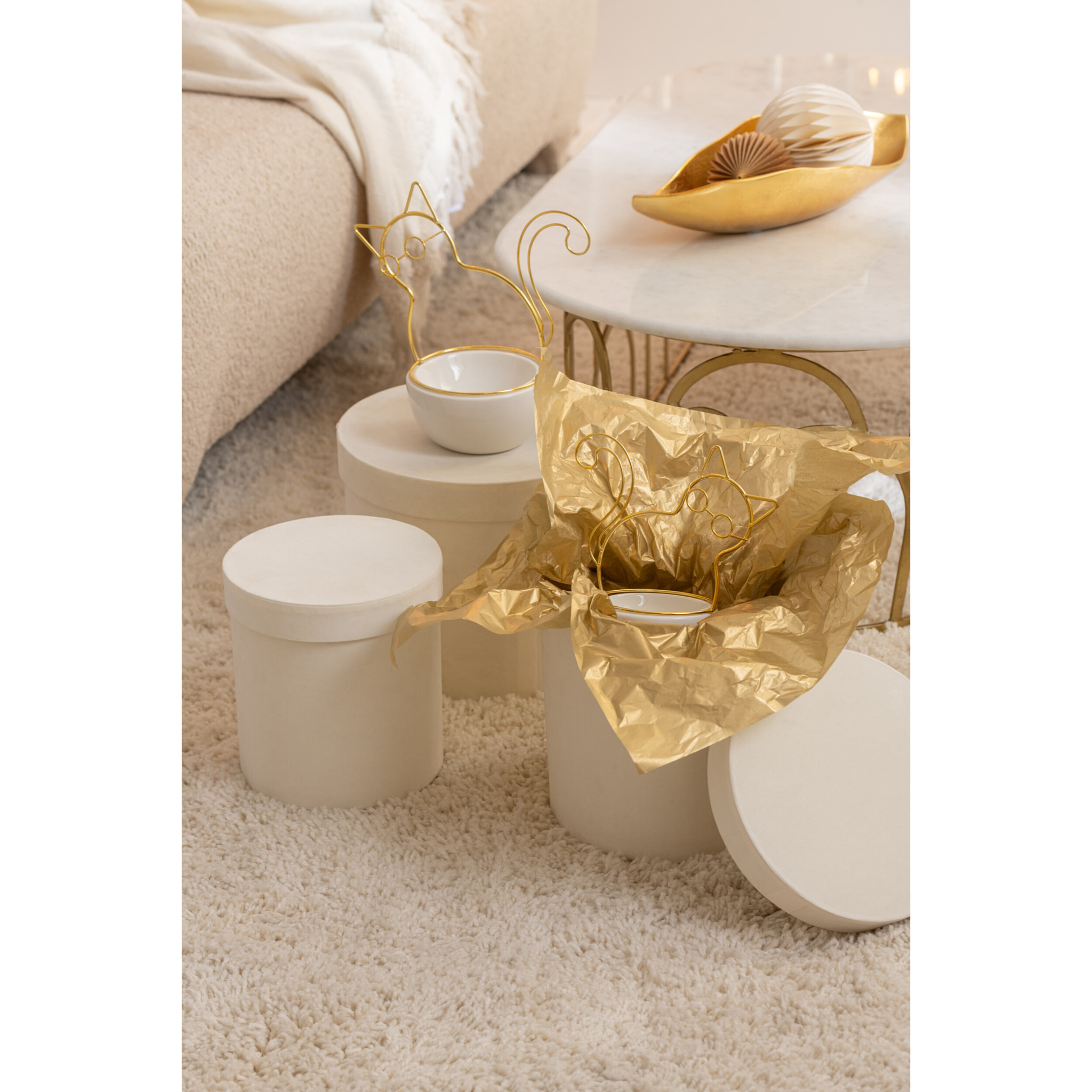 J-Line boîte Rond - velours/papier - blanc - 3 pcs