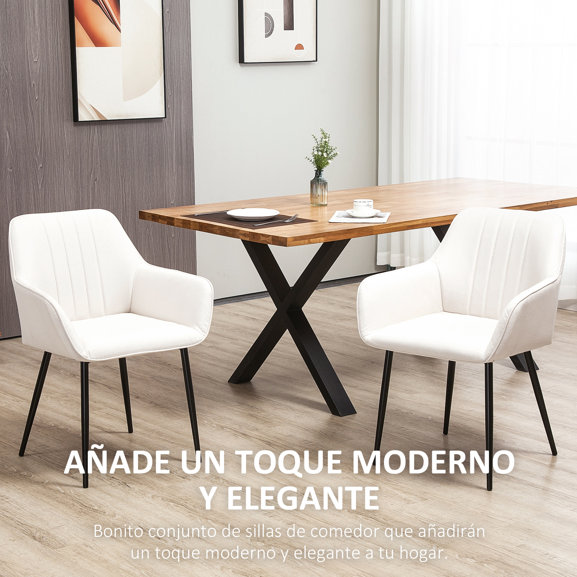 Pack de 2 Sillas de Comedor, Sillas de Cocina Modernas, con Asiento Acolchado y Tapizado, Respaldo Curvo, Reposabrazos, Patas de Metal, para Salón, Beige