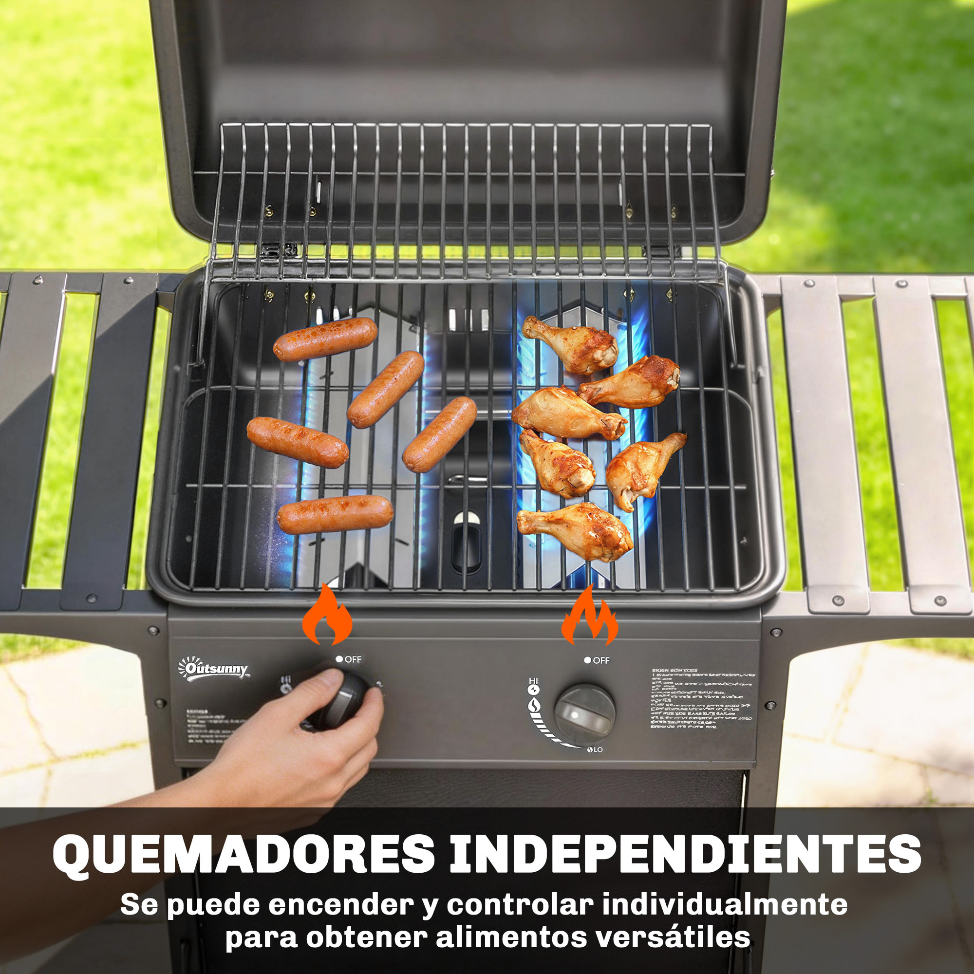 Barbacoa de Gas BBQ Gas con 2 Quemadores 5 kW, Barbacoa Portátil con Termómetro, Mesas Laterales, Estante, Rejilla Calentadora, Encendido Piezoeléctrico, Bandeja de Grasa y 2 Ruedas, Negro