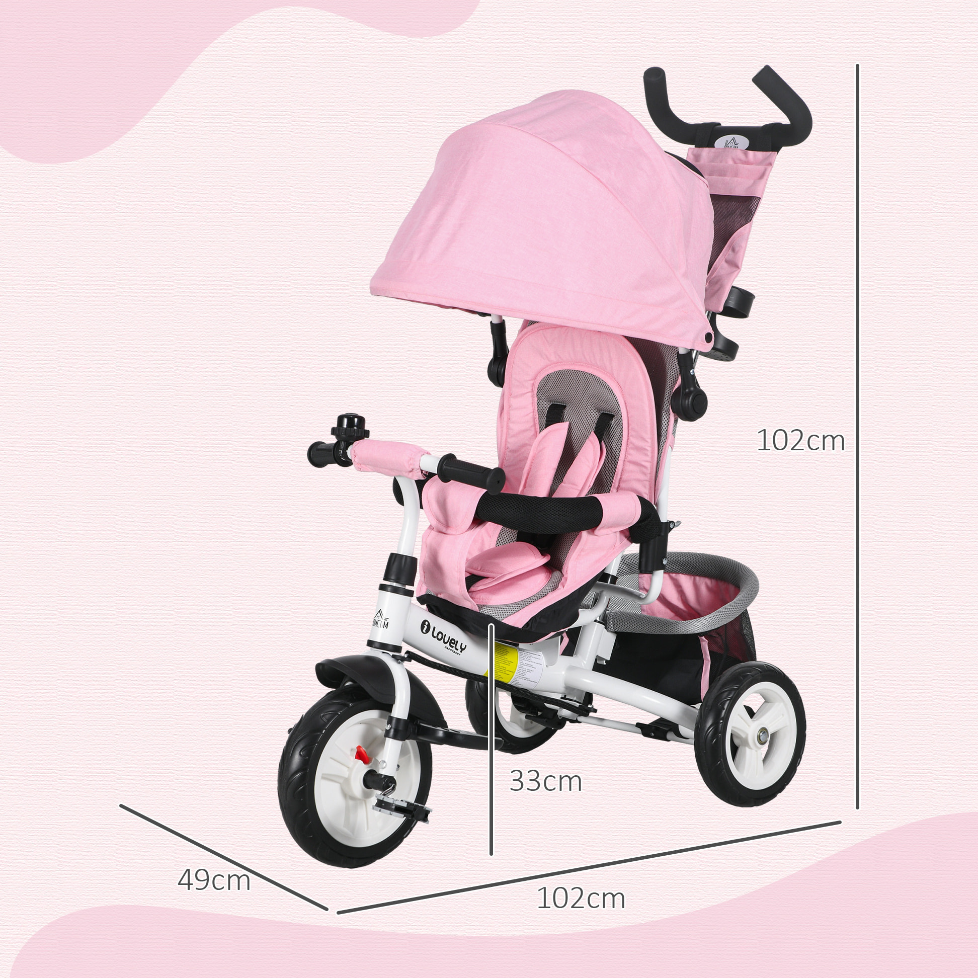 Triciclo para Bebés Triciclo Evolutivo para Niños con Toldo Plegable Mango de Empuje Telescópico y Desmontable Bolso para Mamá y Portabotellas 102x49x102 cm Rosa