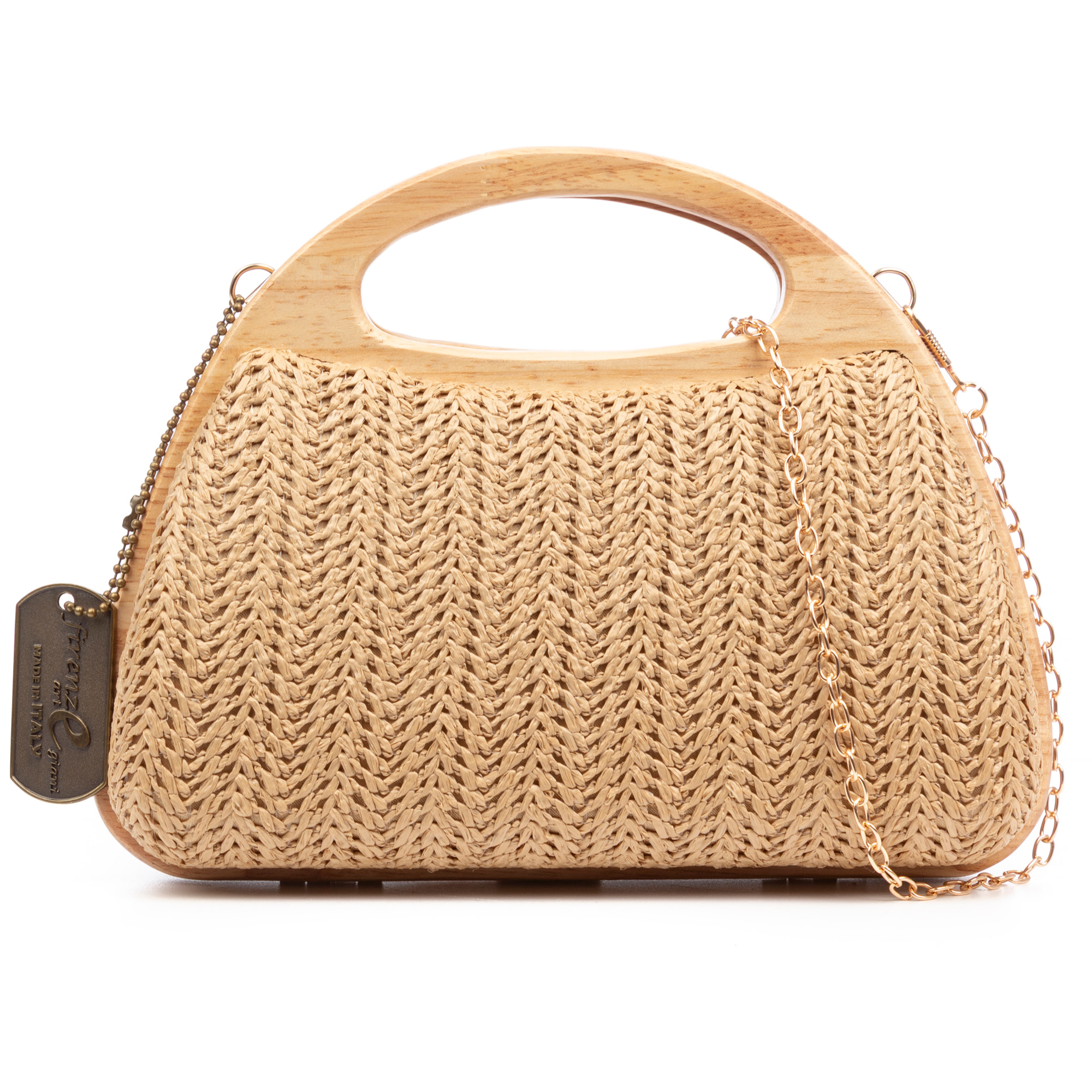 Bella Bolso bandolera Mujer. Fabricado en madera natural y paja trenzada.