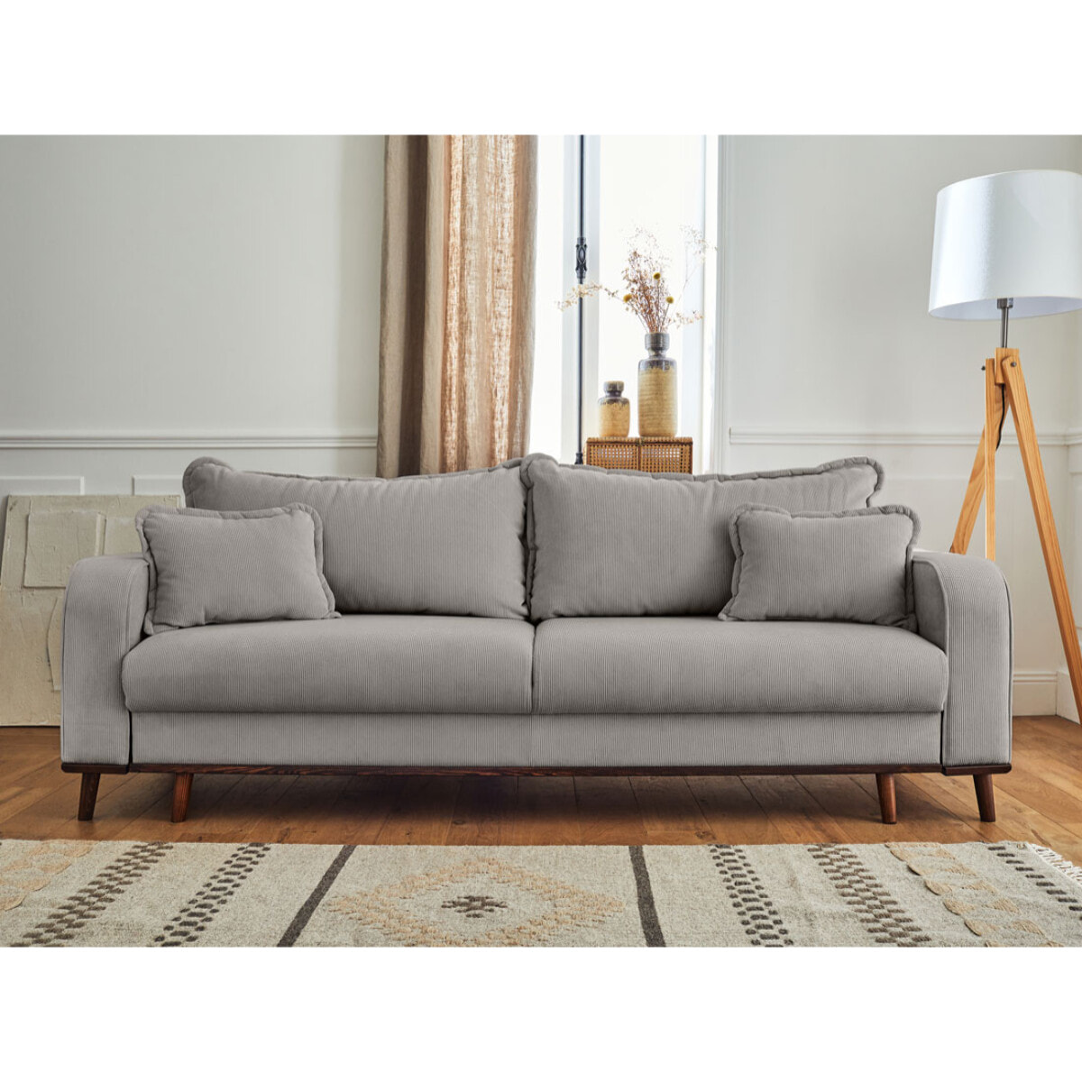 Albane - canapé 3 places - convertible avec coffre - en velours côtelé - Gris clair