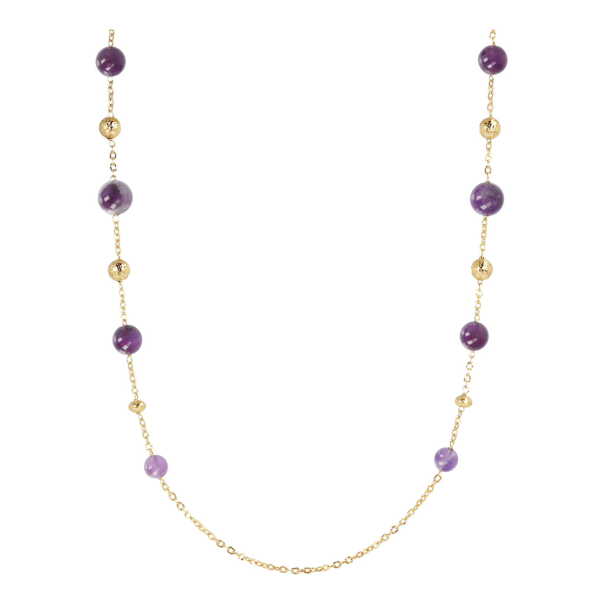 Collana Lunga in Argento 925 Placcata Oro Giallo 18kt con Sfere Golden e Pietre Naturali Ametista Viola