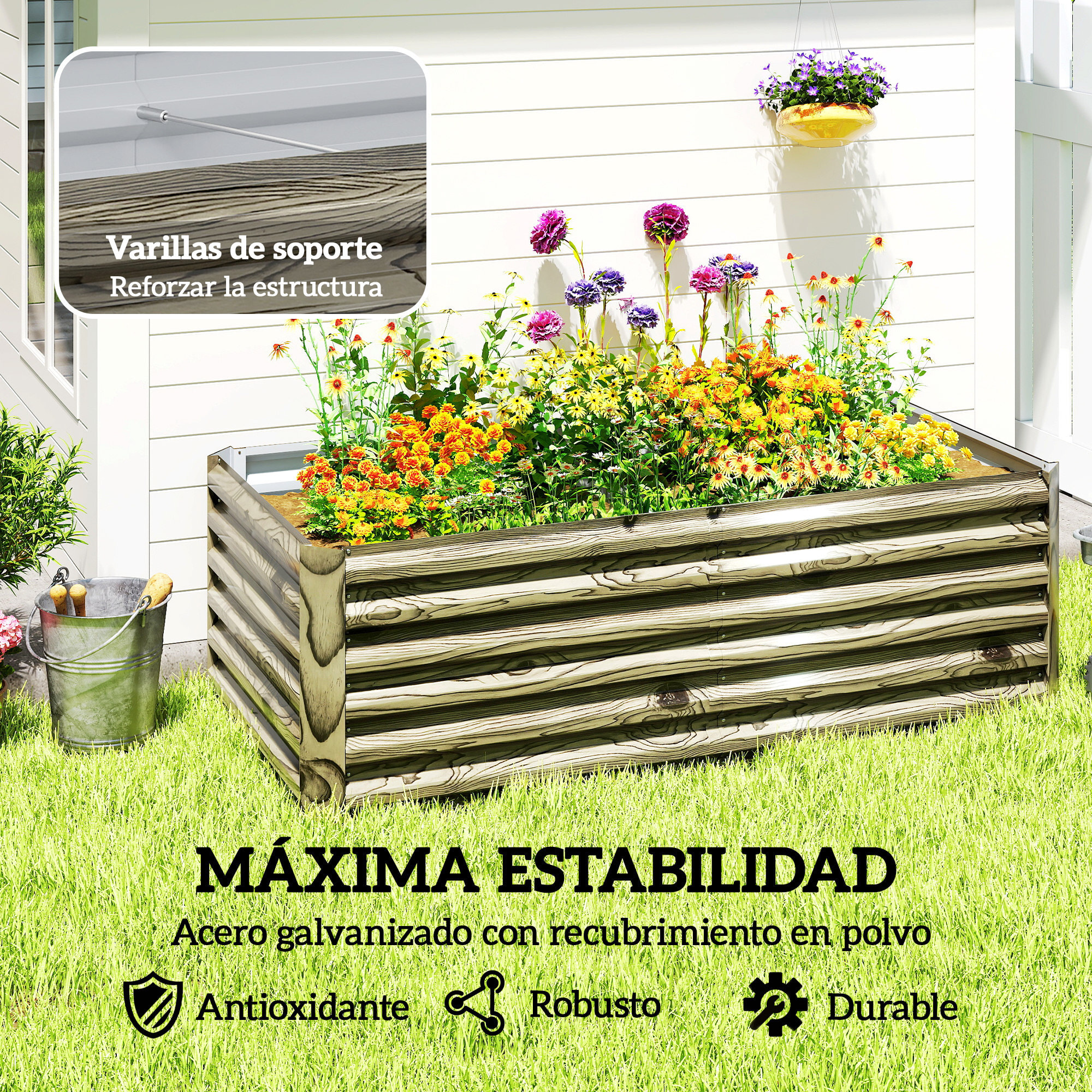 Jardinera Exterior Grande Rectangular de Acero Galvanizado, Huerto Urbano para Cultivar Plantas, Macetero Grande Exterior con Base Abierta, Resistente a la Intemperie, 180x90x57,5 cm, Natural