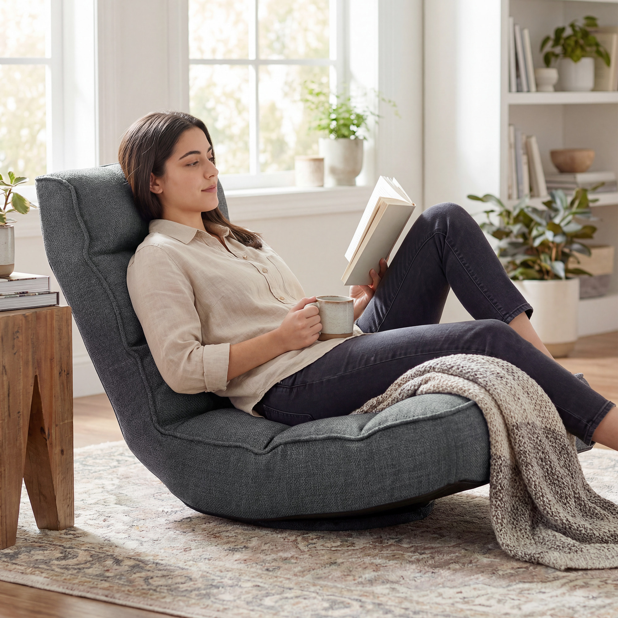 Silla de Suelo Plegable, Silla de Lectura Giratoria 360° con Respaldo Ajustable en 5 Posiciones, Sofá de Suelo de Lino y Acolchado, para Meditación y Gaming, 58x107x79 cm, Gris