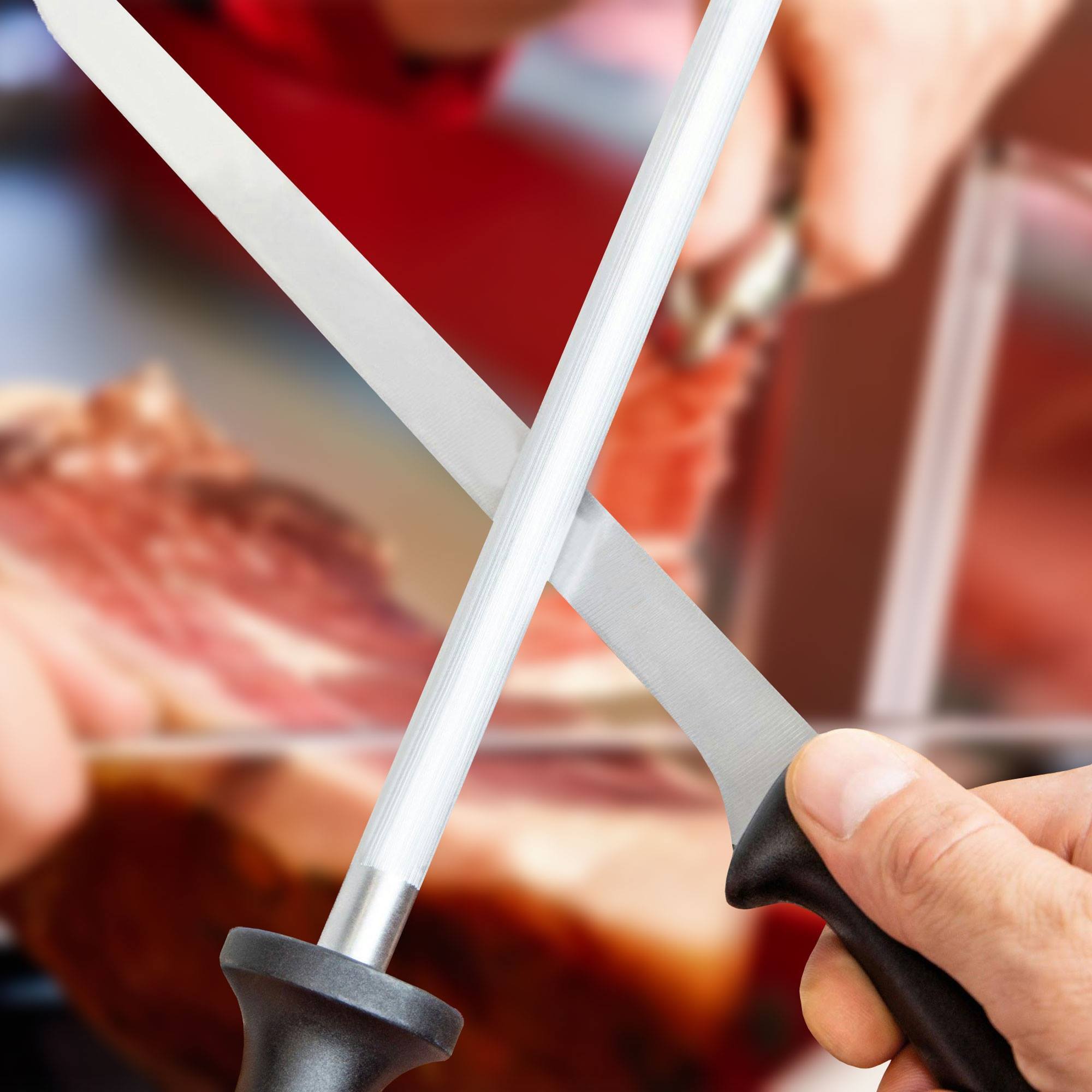 jamonero iberia luxe en madera y acero inox + set de cuchillo jamonero (25cm) y chaira (21cm) + funda para jamón 'tiberic' burdeos