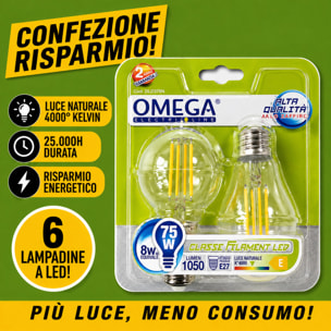 OMEGA Set 6 Lampadine Filament LED 8W E27 4000K