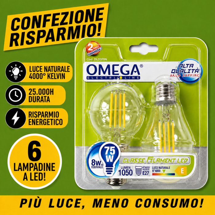 OMEGA Set 6 Lampadine Filament LED 8W E27 4000K